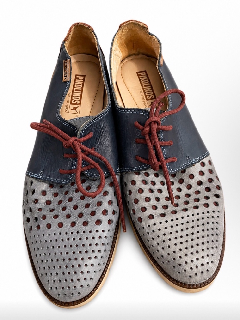 PIKOLINOS Two-Tone Perforated Leather Oxfords — Navy, Gray & Burgandy - Size 38